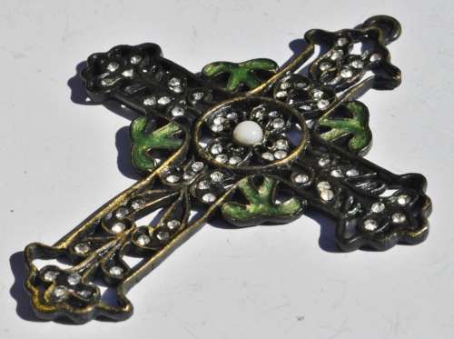 Vintage Art Nouveau Style Brass Budded Latin Cross Pendant with Howlite, Crystal and Green Enamel