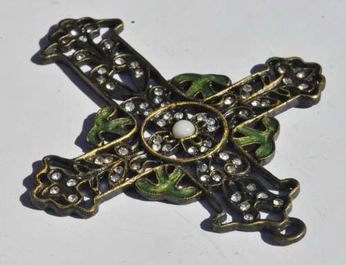 Vintage Art Nouveau Style Brass Budded Latin Cross Pendant with Howlite, Crystal and Green Enamel