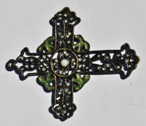 Vintage Art Nouveau Style Brass Budded Latin Cross Pendant with Howlite, Crystal and Green Enamel