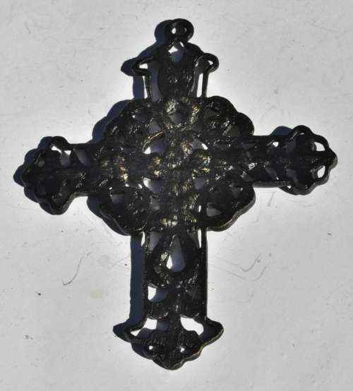 Vintage Art Nouveau Style Brass Budded Latin Cross Pendant with Howlite, Crystal and Green Enamel