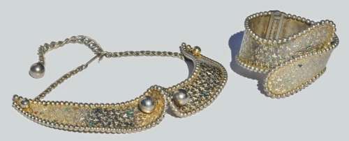 Vintage Gold tone and Enamel Sculptural Geometric Collar Necklace and Clamper Cuff Bracelet Set