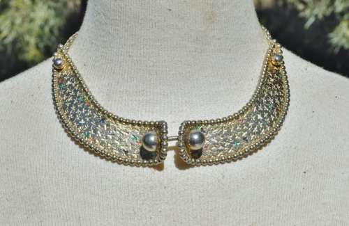 Vintage Gold tone and Enamel Sculptural Geometric Collar Necklace and Clamper Cuff Bracelet Set