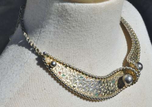 Vintage Gold tone and Enamel Sculptural Geometric Collar Necklace and Clamper Cuff Bracelet Set