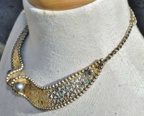 Vintage Gold tone and Enamel Sculptural Geometric Collar Necklace and Clamper Cuff Bracelet Set