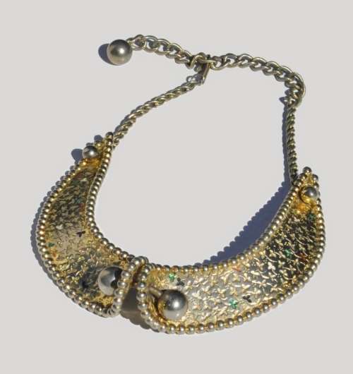 Vintage Gold tone and Enamel Sculptural Geometric Collar Necklace and Clamper Cuff Bracelet Set