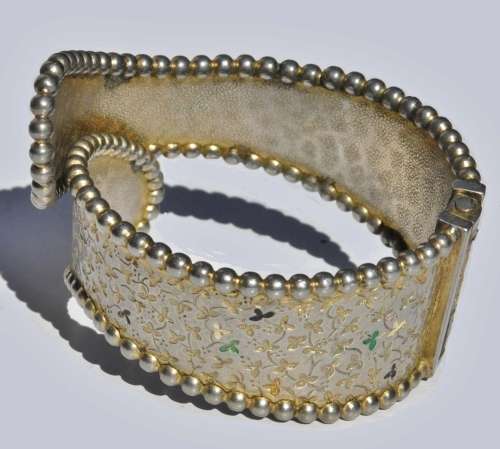 Vintage Gold tone and Enamel Sculptural Geometric Collar Necklace and Clamper Cuff Bracelet Set
