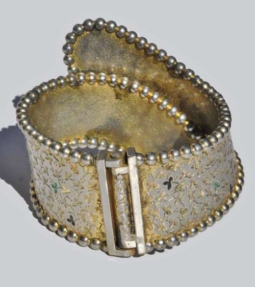 Vintage Gold tone and Enamel Sculptural Geometric Collar Necklace and Clamper Cuff Bracelet Set
