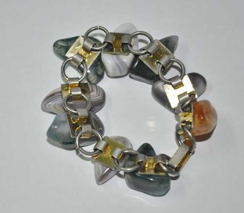 Vintage Gold Tone Tumbled Agate Semi-precious Stone Bracelet c1960