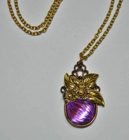 Vintage Gold Tone Necklace with Purple Glass, Brass Tone and Gold Tone Ceramic Flower Pendant