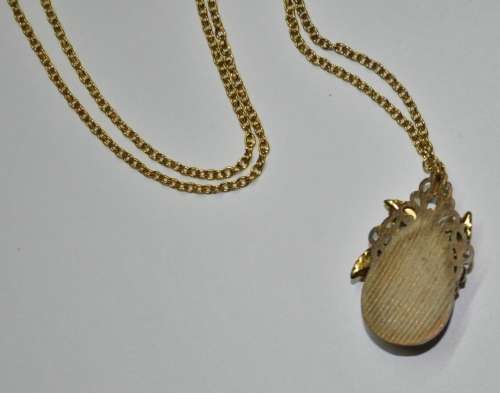 Vintage Gold Tone Necklace with Purple Glass, Brass Tone and Gold Tone Ceramic Flower Pendant