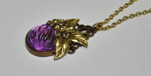 Vintage Gold Tone Necklace with Purple Glass, Brass Tone and Gold Tone Ceramic Flower Pendant