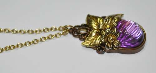 Vintage Gold Tone Necklace with Purple Glass, Brass Tone and Gold Tone Ceramic Flower Pendant