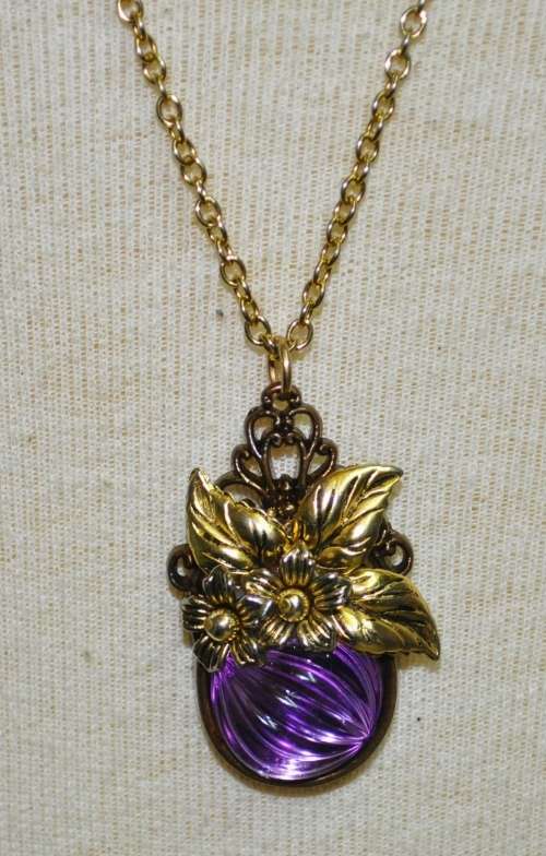 Vintage Gold Tone Necklace with Purple Glass, Brass Tone and Gold Tone Ceramic Flower Pendant