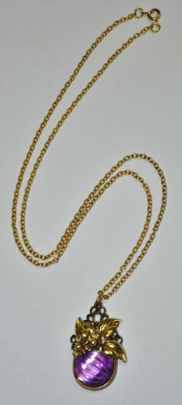 Vintage Gold Tone Necklace with Purple Glass, Brass Tone and Gold Tone Ceramic Flower Pendant