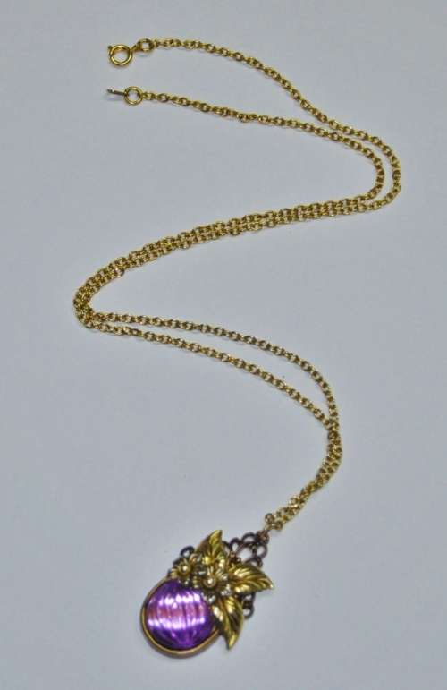 Vintage Gold Tone Necklace with Purple Glass, Brass Tone and Gold Tone Ceramic Flower Pendant