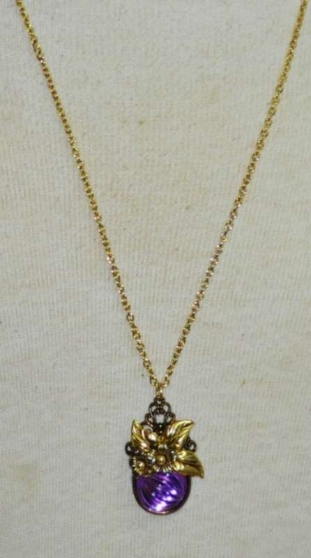 Vintage Gold Tone Necklace with Purple Glass, Brass Tone and Gold Tone Ceramic Flower Pendant