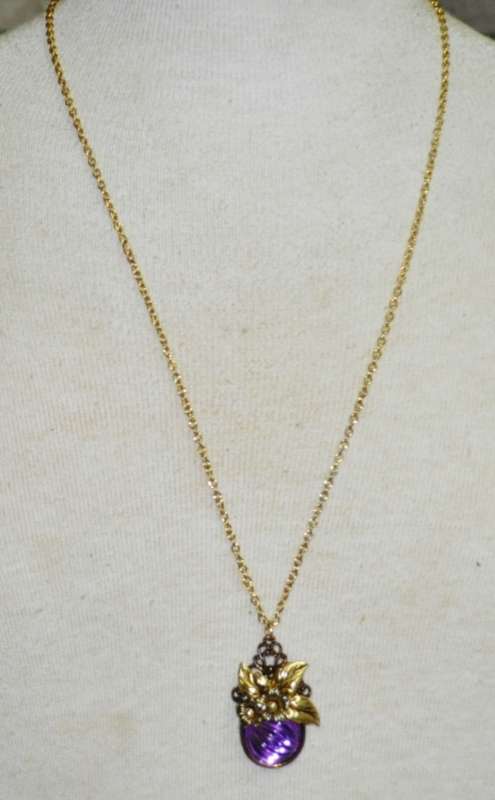 Vintage Gold Tone Necklace with Purple Glass, Brass Tone and Gold Tone Ceramic Flower Pendant