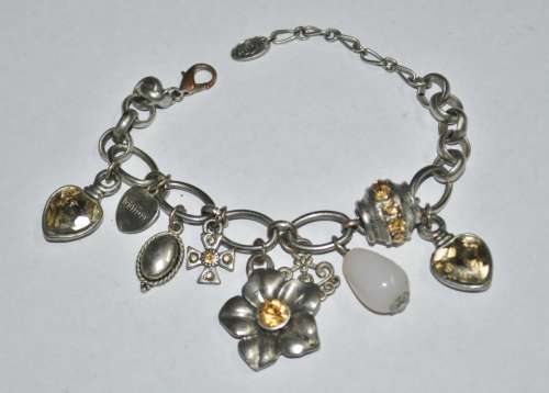 Vintage Chunky Silver Tone, Topaz Coloured Faceted Crystal, and Quartz Charm Bracelet signed D+H