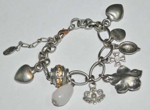 Vintage Chunky Silver Tone, Topaz Coloured Faceted Crystal, and Quartz Charm Bracelet signed D+H