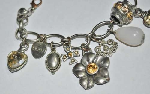 Vintage Chunky Silver Tone, Topaz Coloured Faceted Crystal, and Quartz Charm Bracelet signed D+H