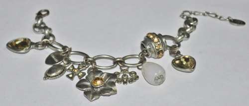 Vintage Chunky Silver Tone, Topaz Coloured Faceted Crystal, and Quartz Charm Bracelet signed D+H