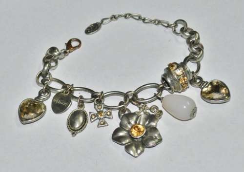 Vintage Chunky Silver Tone, Topaz Coloured Faceted Crystal, and Quartz Charm Bracelet signed D+H