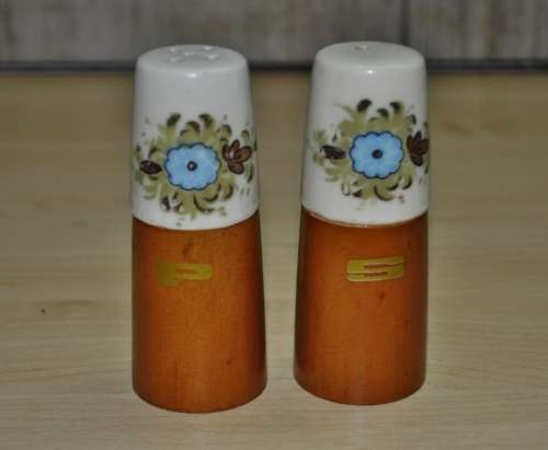 Retro Wood and Hand Painted Ceramic Top Salt and Pepper Shakers c1970