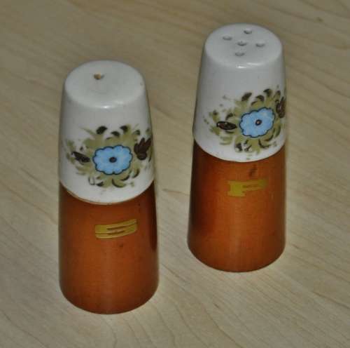 Retro Wood and Hand Painted Ceramic Top Salt and Pepper Shakers c1970