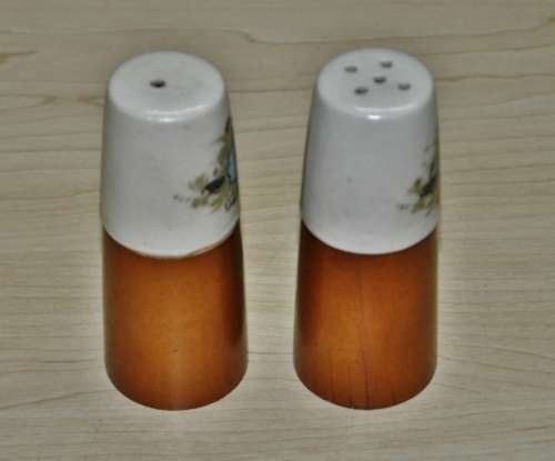 Retro Wood and Hand Painted Ceramic Top Salt and Pepper Shakers c1970