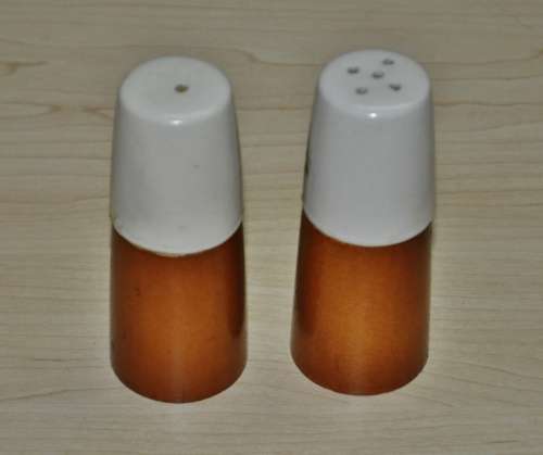 Retro Wood and Hand Painted Ceramic Top Salt and Pepper Shakers c1970