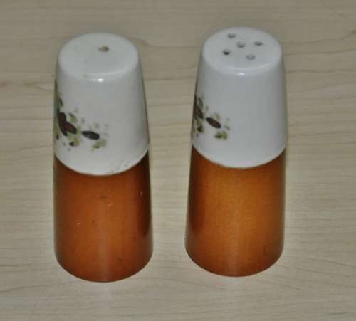 Retro Wood and Hand Painted Ceramic Top Salt and Pepper Shakers c1970