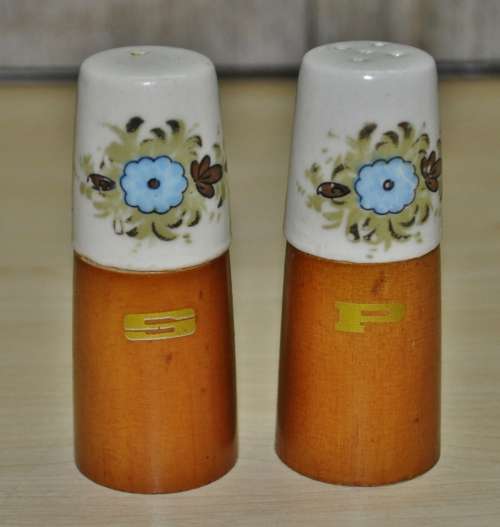 Retro Wood and Hand Painted Ceramic Top Salt and Pepper Shakers c1970