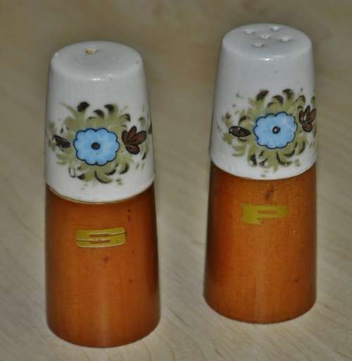 Retro Wood and Hand Painted Ceramic Top Salt and Pepper Shakers c1970