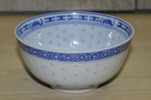 Vintage Chinese Porcelain Translucent Rice Grain Blue and White Dragon Bowl