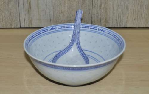 Vintage Chinese Porcelain Translucent Rice Grain Blue and White Flower Serving Bowl with Soup Spoon