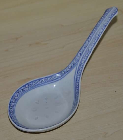Vintage Chinese Porcelain Translucent Rice Grain Blue and White Flower Serving Bowl with Soup Spoon