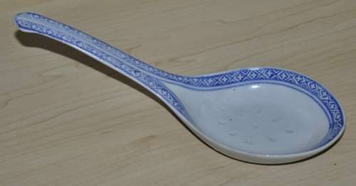 Vintage Chinese Porcelain Translucent Rice Grain Blue and White Flower Serving Bowl with Soup Spoon