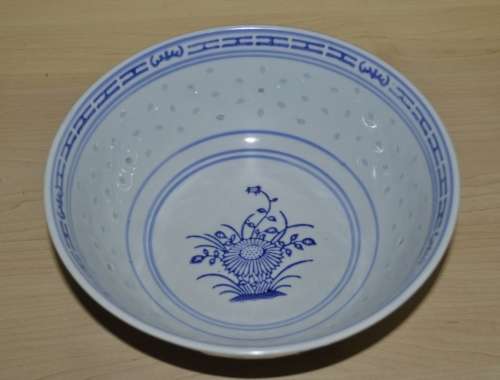 Vintage Chinese Porcelain Translucent Rice Grain Blue and White Flower Serving Bowl with Soup Spoon