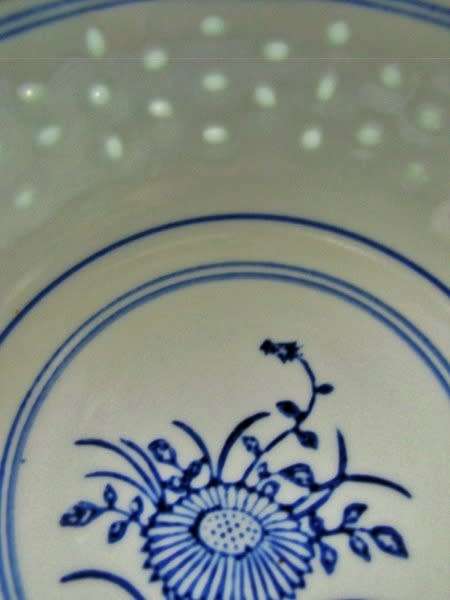 Vintage Chinese Porcelain Translucent Rice Grain Blue and White Flower Serving Bowl with Soup Spoon