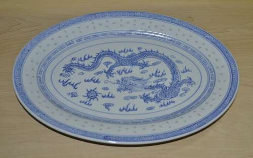 Vintage Chinese Porcelain Translucent Rice Grain Blue and White Dragon Serving Platter