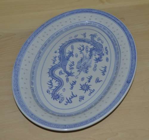 Vintage Chinese Porcelain Translucent Rice Grain Blue and White Dragon Serving Platter