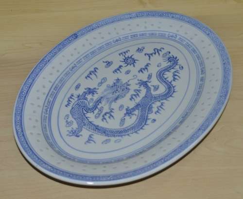 Vintage Chinese Porcelain Translucent Rice Grain Blue and White Dragon Serving Platter