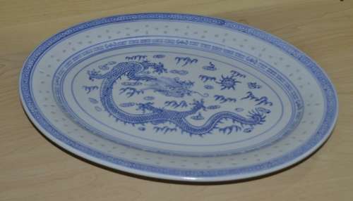 Vintage Chinese Porcelain Translucent Rice Grain Blue and White Dragon Serving Platter
