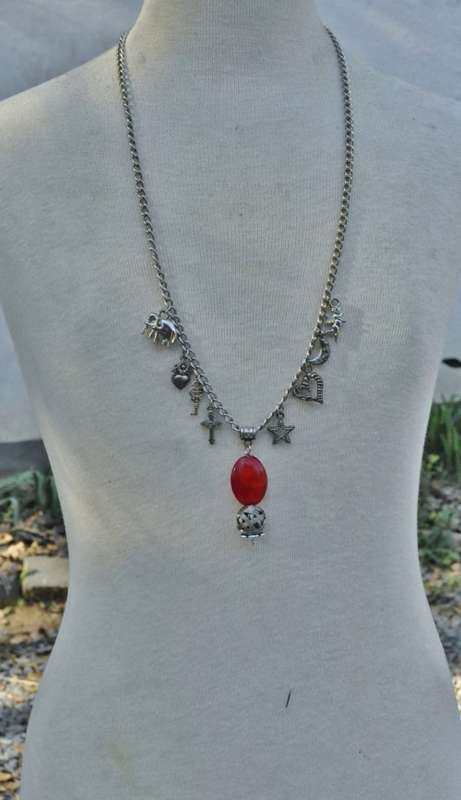 Vintage Silver Tone Charm Necklace with Red Bead and Woven Sphere Pendant
