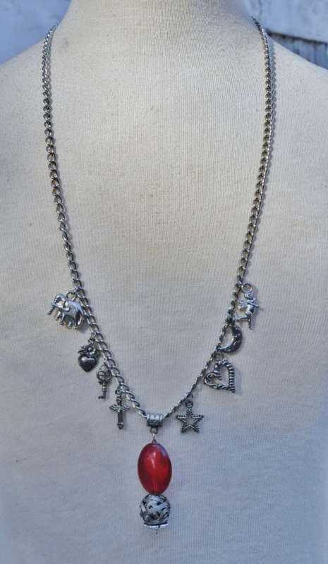 Vintage Silver Tone Charm Necklace with Red Bead and Woven Sphere Pendant