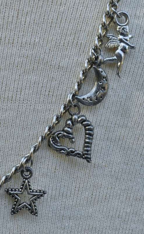 Vintage Silver Tone Charm Necklace with Red Bead and Woven Sphere Pendant