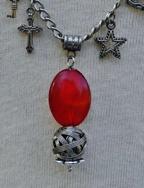 Vintage Silver Tone Charm Necklace with Red Bead and Woven Sphere Pendant