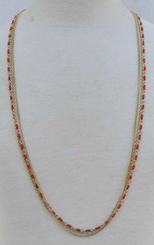 Vintage Gilt Metal Three Strand Chains and Faux Coral Beads Necklace