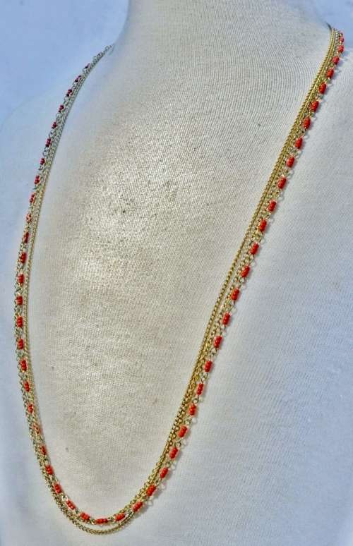Vintage Gilt Metal Three Strand Chains and Faux Coral Beads Necklace