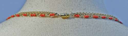 Vintage Gilt Metal Three Strand Chains and Faux Coral Beads Necklace